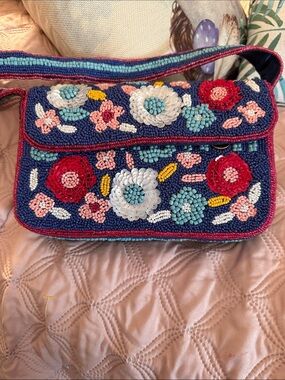 Beaded Floral Crossbody Bag in Navy and Red